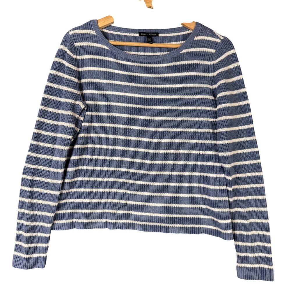Eileen Fisher XXS Blue White Striped Ribbed Organic Cotton Scoop Neck Sweater